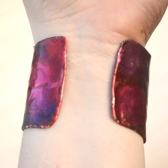 Handmade Copper Cuff Bracelet Pink Red Hearts Valentine Gift Boho Artisan OOAK - Picture 7 of 7